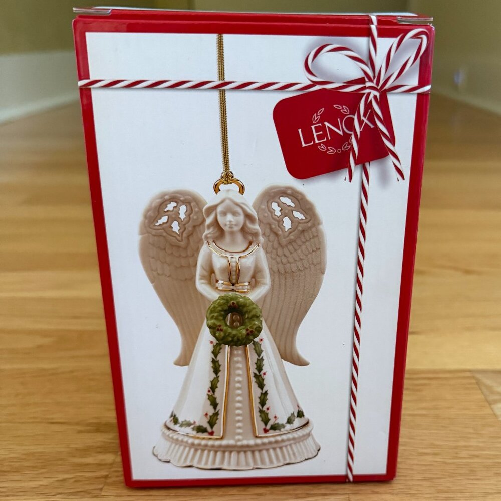 Lenox Holiday Angel Bell Ornament with Wreath - Retired 2018